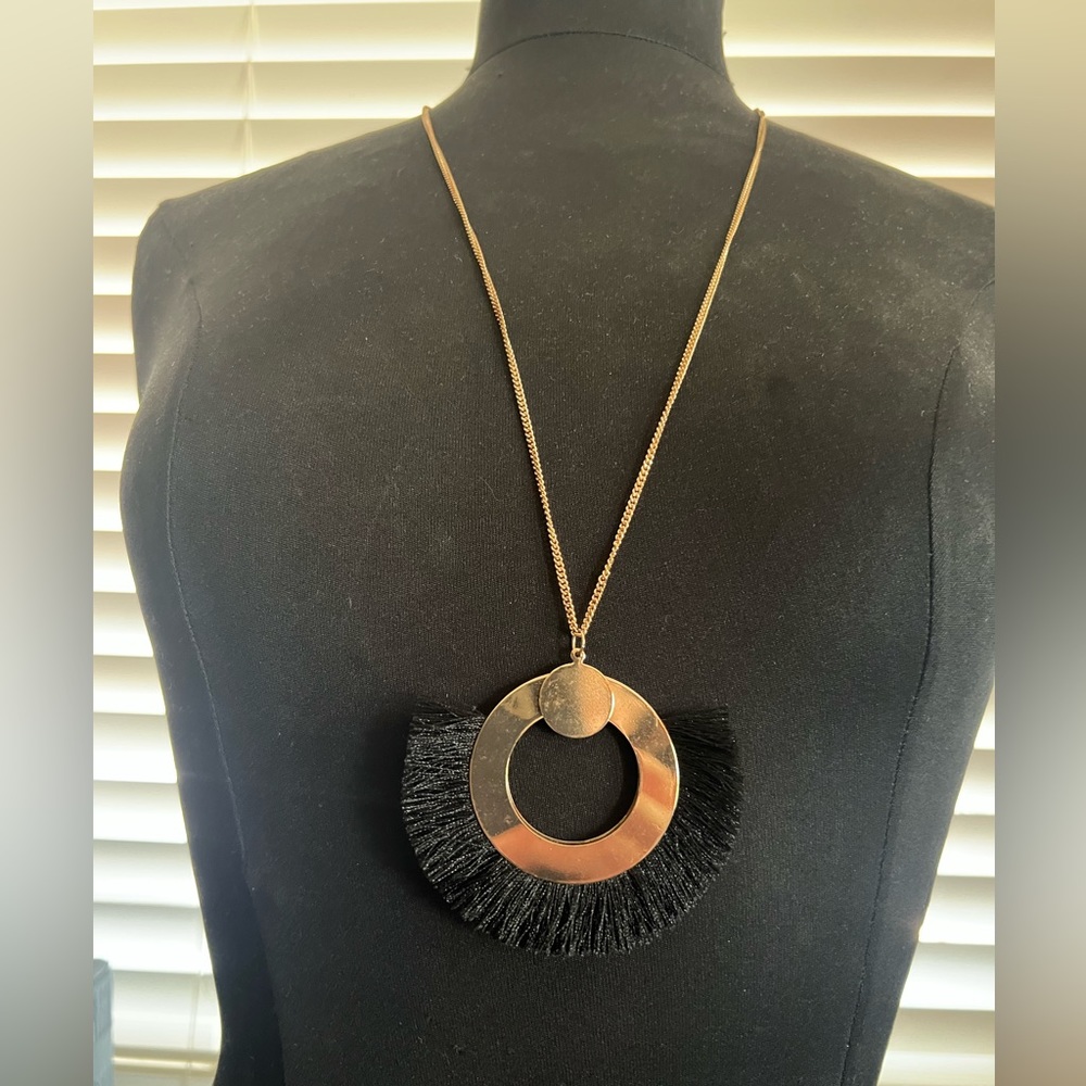 Beautiful Long gold and black fringe necklace